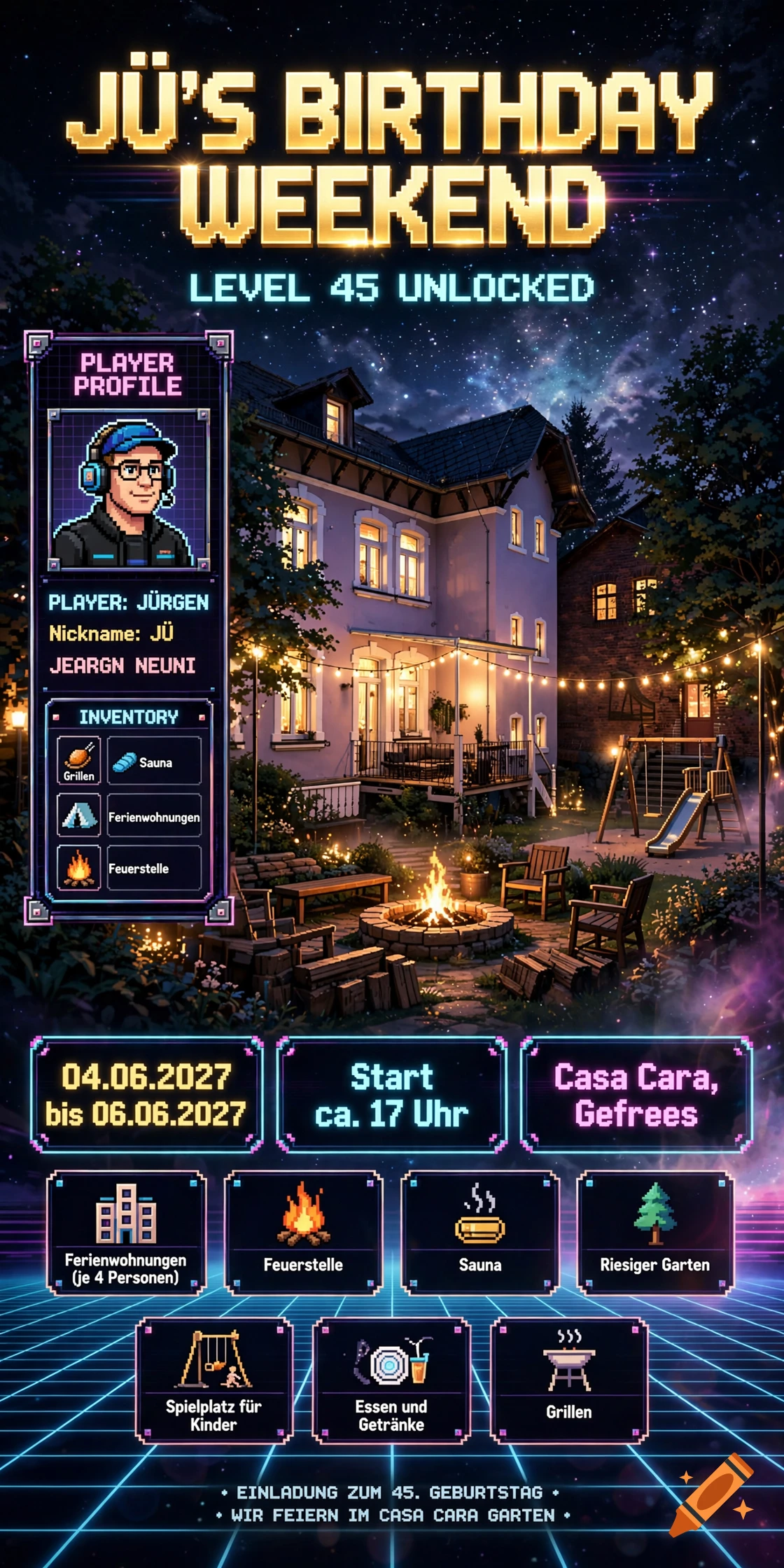 Synthwave style 80s arcade event poster for a birthday weekend featuring a pixel art avatar, house, and neon details.