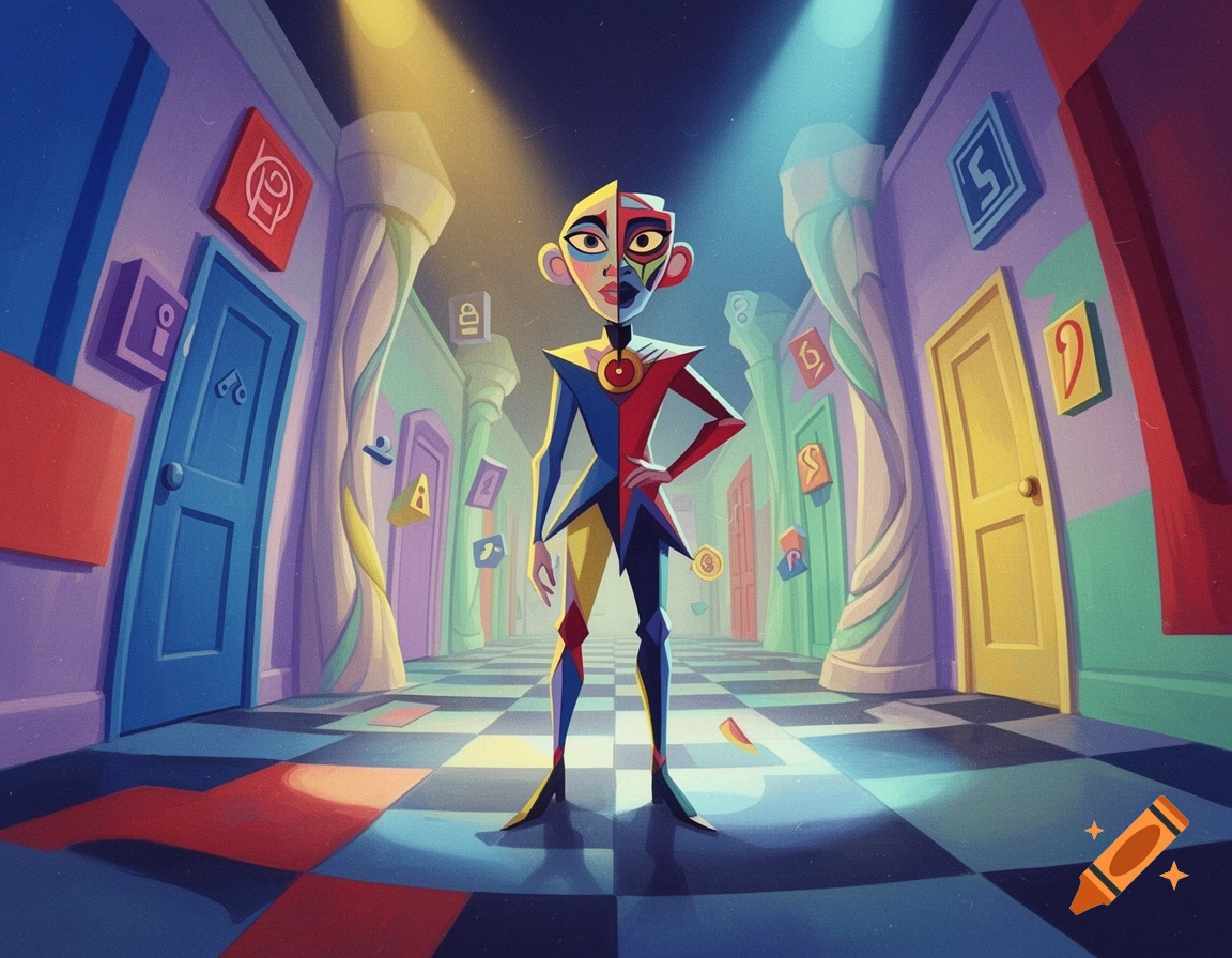 Digital illustration of ENA, a surreal humanoid character with a split-colored face and outfit, standing in a whimsical geometric hallway.