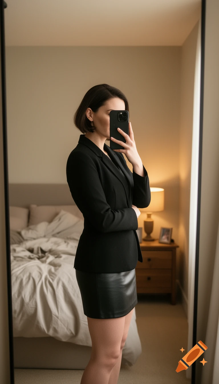 Photorealistic mirror selfie of a woman with short dark hair in a bedroom, wearing a black blazer and leather skirt.