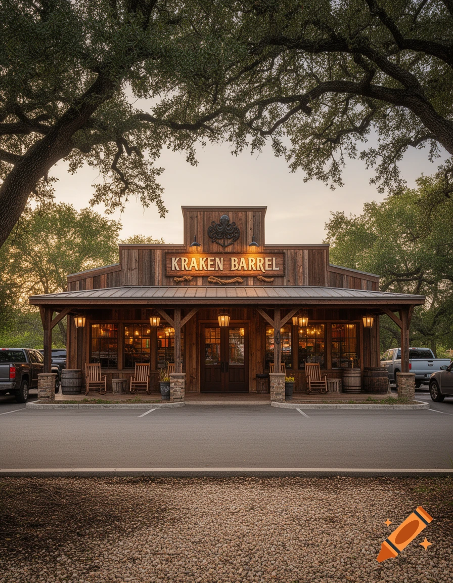 Photorealistic front view of a rustic wooden restaurant building named Kraken Barrel with cars parked in front under large oak trees.