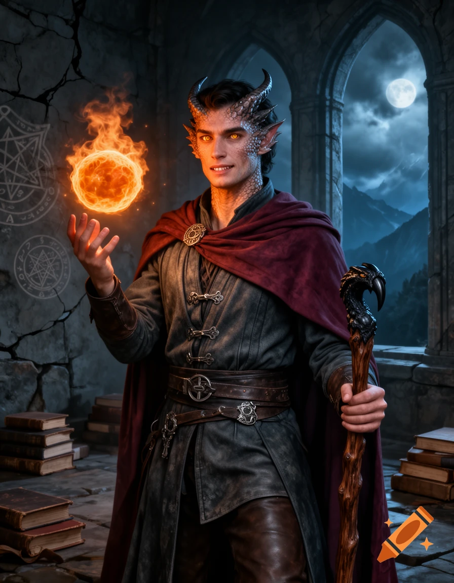 Photorealistic fantasy portrait of a male sorcerer with horns and dragon scales, holding a glowing fire sphere and a staff in an ancient stone room.
