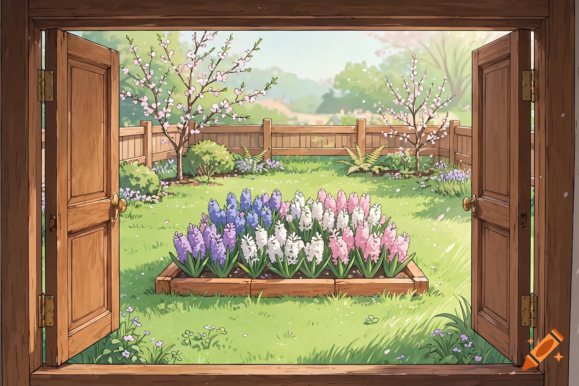 Anime style view through an open wooden door looking out into a sunny garden with a raised flower bed and blooming cherry trees.