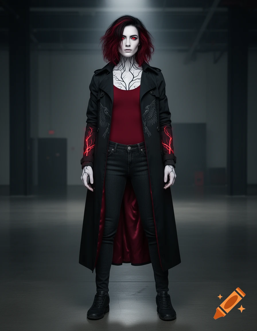 Photorealistic full-body shot of a gothic woman with pale skin, red and black hair, and glowing red veins on her arms, wearing a black tactical trench coat over a red top and dark jeans in a dark industrial setting.