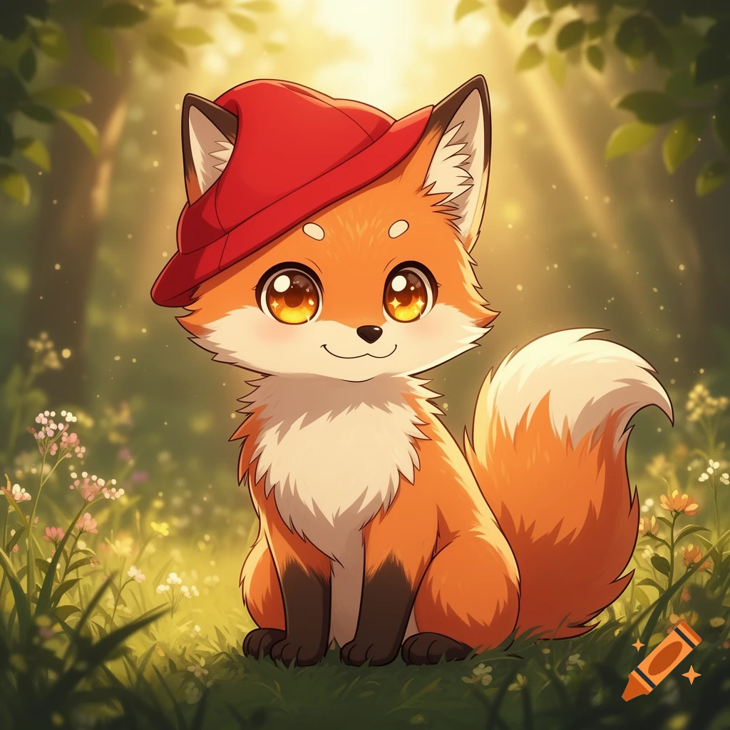 An anime-style cute orange fox with a red hat sitting in a sunlit forest.