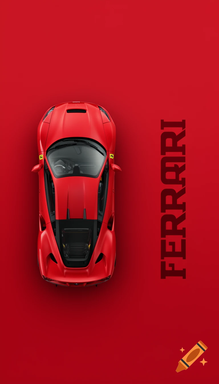 Top-down view of a red Ferrari sports car on a red background with the word FERRARI written vertically on the right, photorealistic.
