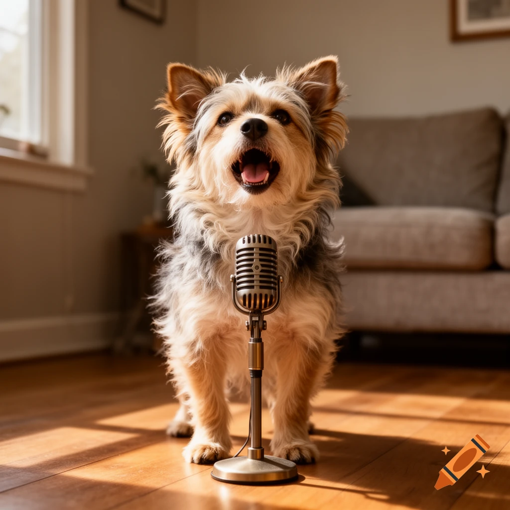 Photorealistic image of a fluffy terrier dog standing on a wooden floor, singing into a vintage microphone in a living room.
