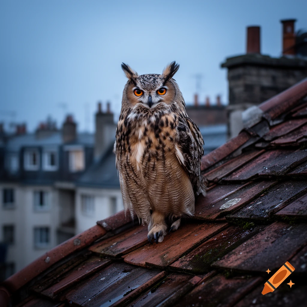 Photorealistic image of a horned owl perched on a weathered red tile rooftop against a blurry urban background.