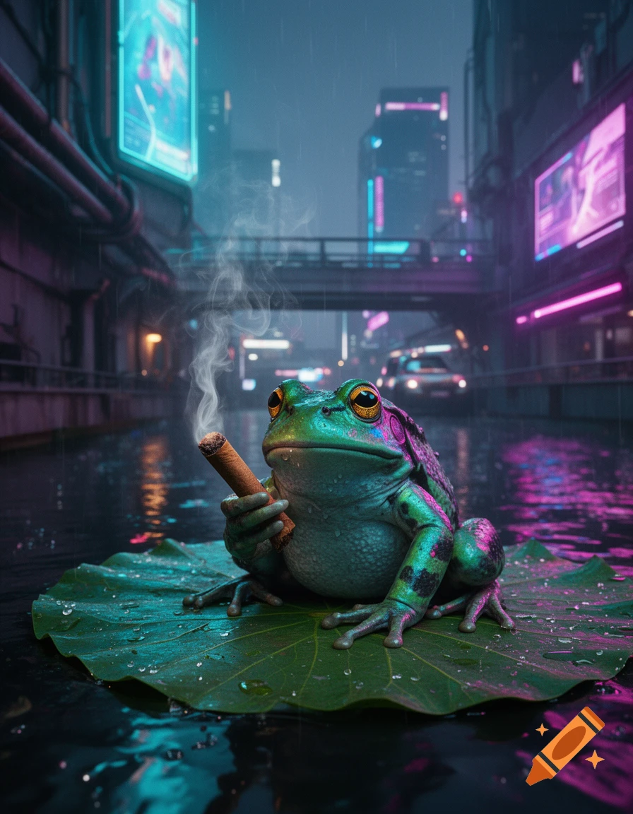 A photorealistic cyberpunk frog smoking a blunt while sitting on a large green lilypad in a rainy neon-lit city canal.