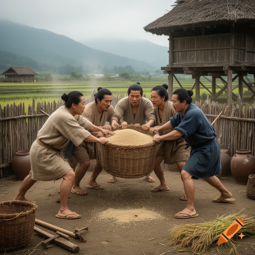 Photorealistic scene of five people in historical garments struggling to lift a large wicker basket filled with grain outdoors.