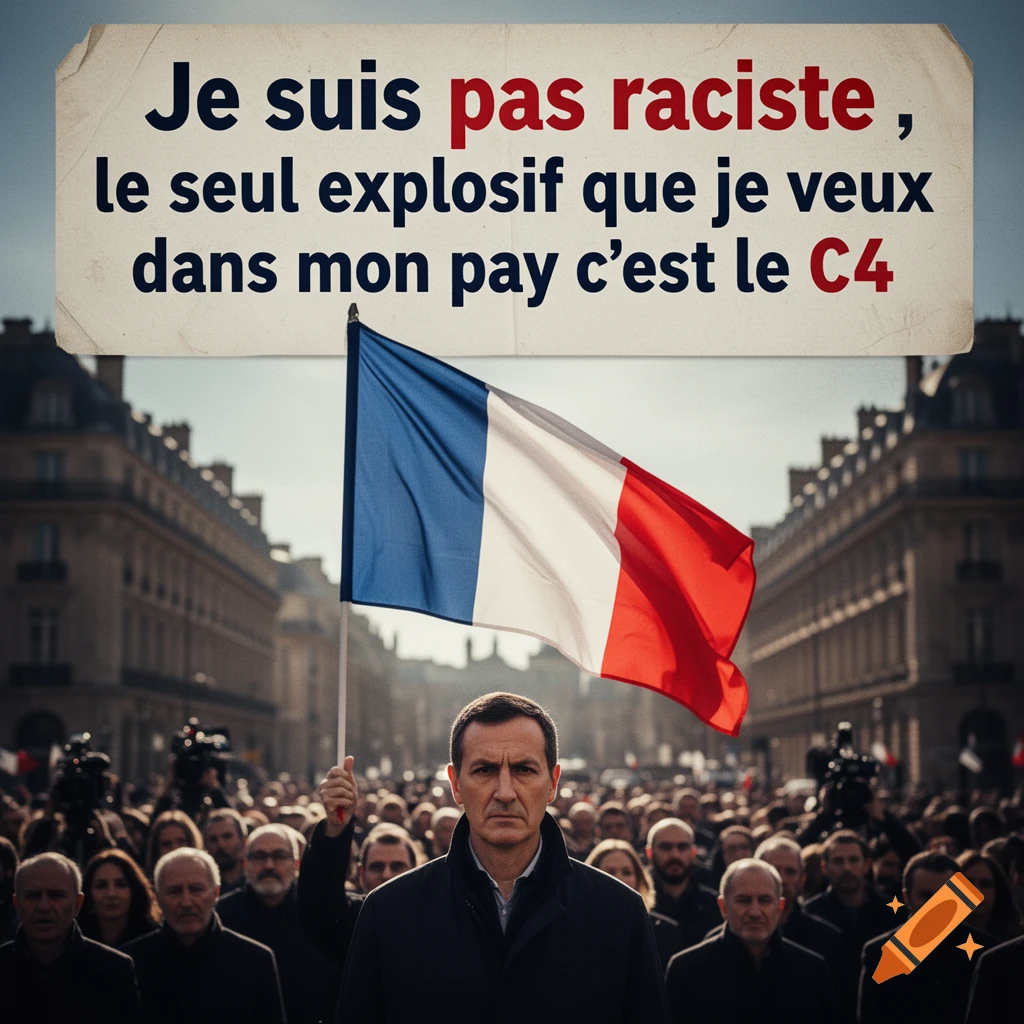 Political propaganda style photo of a man holding a French flag before a crowd, with a sign containing French text.