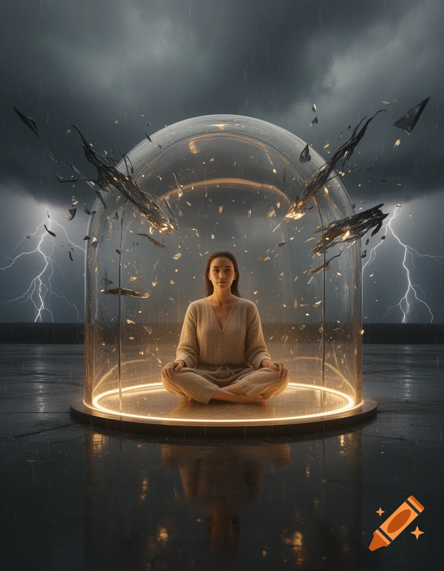 A calm woman sits peacefully inside a glowing glass dome during a stormy night with lightning, digital artwork.
