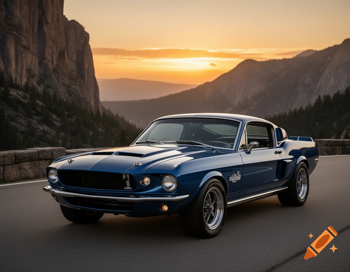 Photorealistic blue 1967 Shelby GT500 parked on a mountain road at sunset with canyon background.