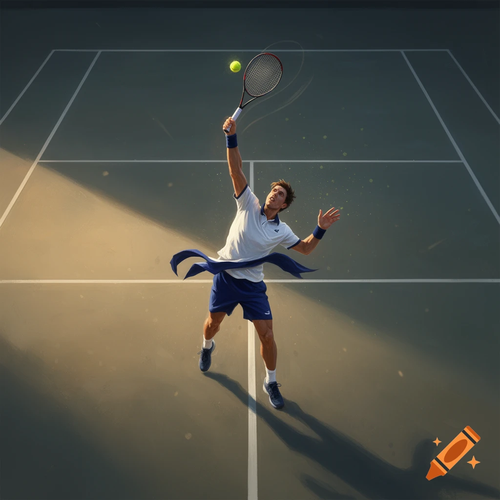 High-angle illustration of a male tennis player serving on a tennis court, capturing the moment of hitting the ball.