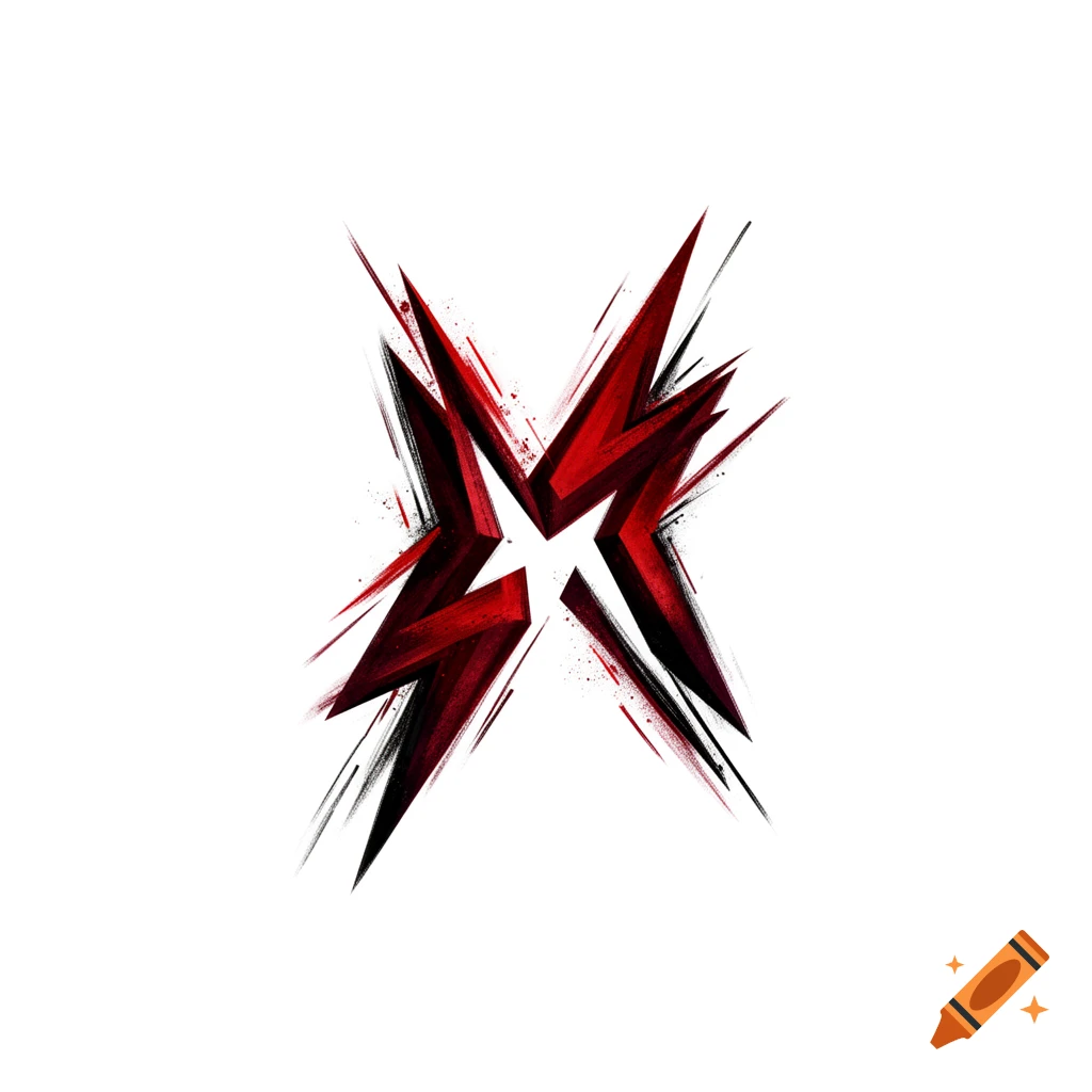 An abstract sharp-edged star or 'X' symbol in red and black ink splash style on a white background.