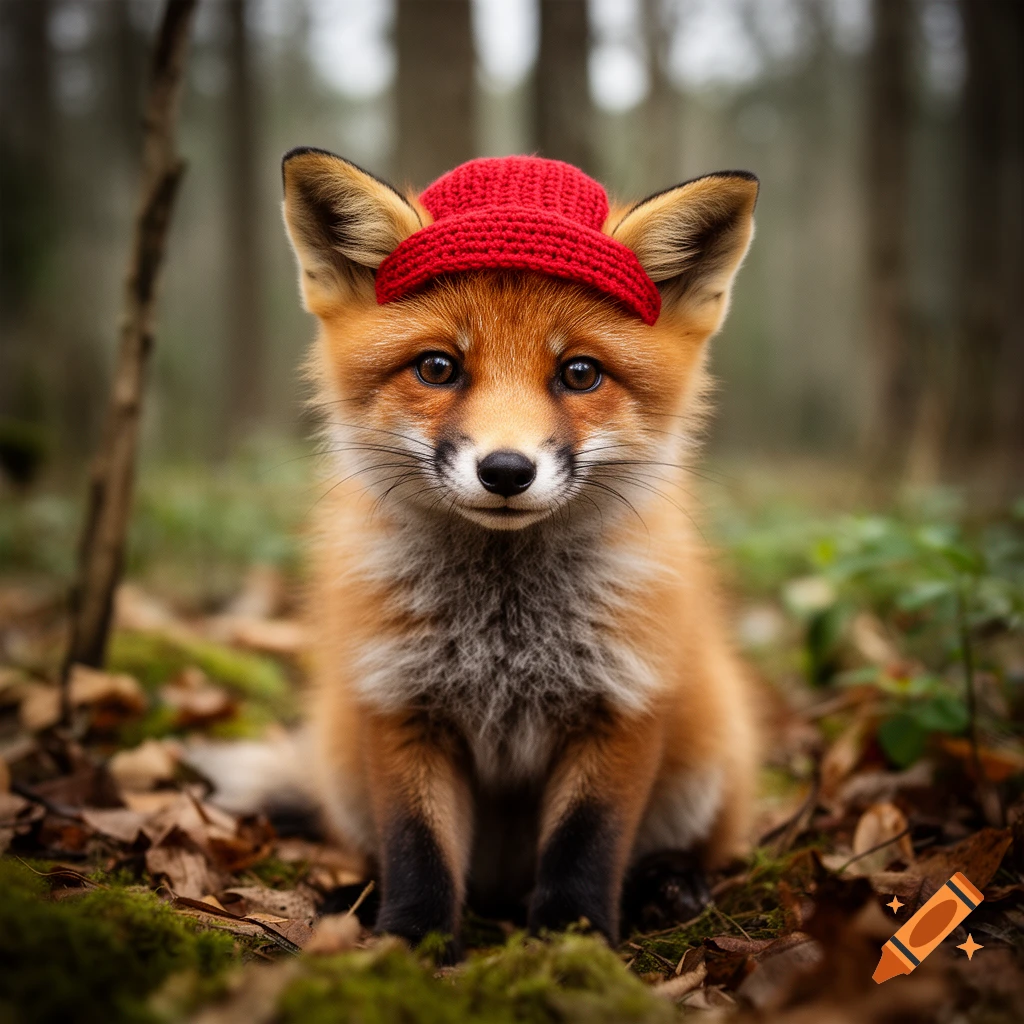 Photorealistic close-up of a cute young fox with a red knitted hat sitting in a forest.