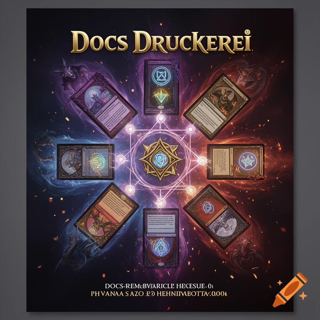 Flyer featuring magical playing cards arranged in a circle around a central emblem with glowing runes and dark fantasy aesthetics.