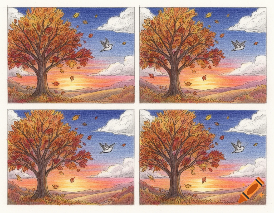 Hand-drawn style grid of four autumn landscape panels featuring an orange tree, flying birds, clouds, and a sunset.
