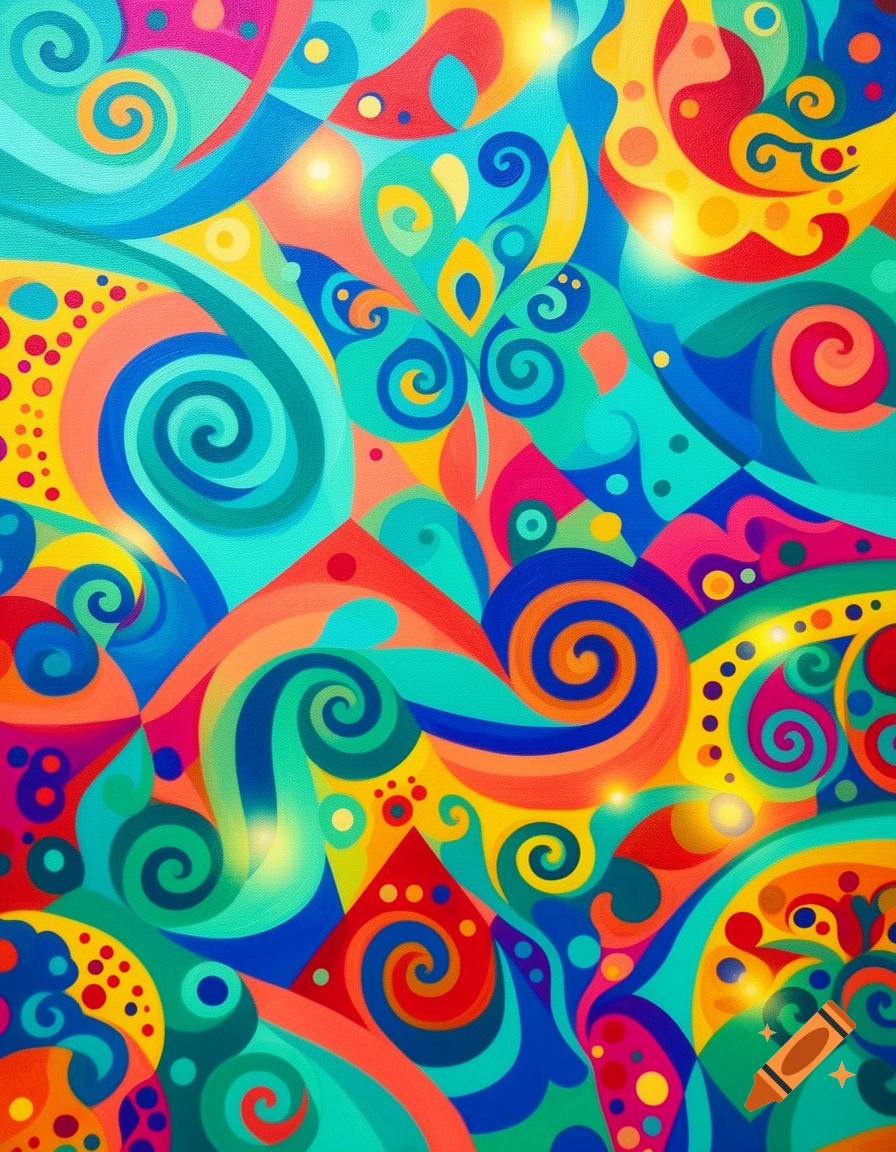 Vibrant abstract digital art featuring colorful swirls, patterns, and glowing light effects.