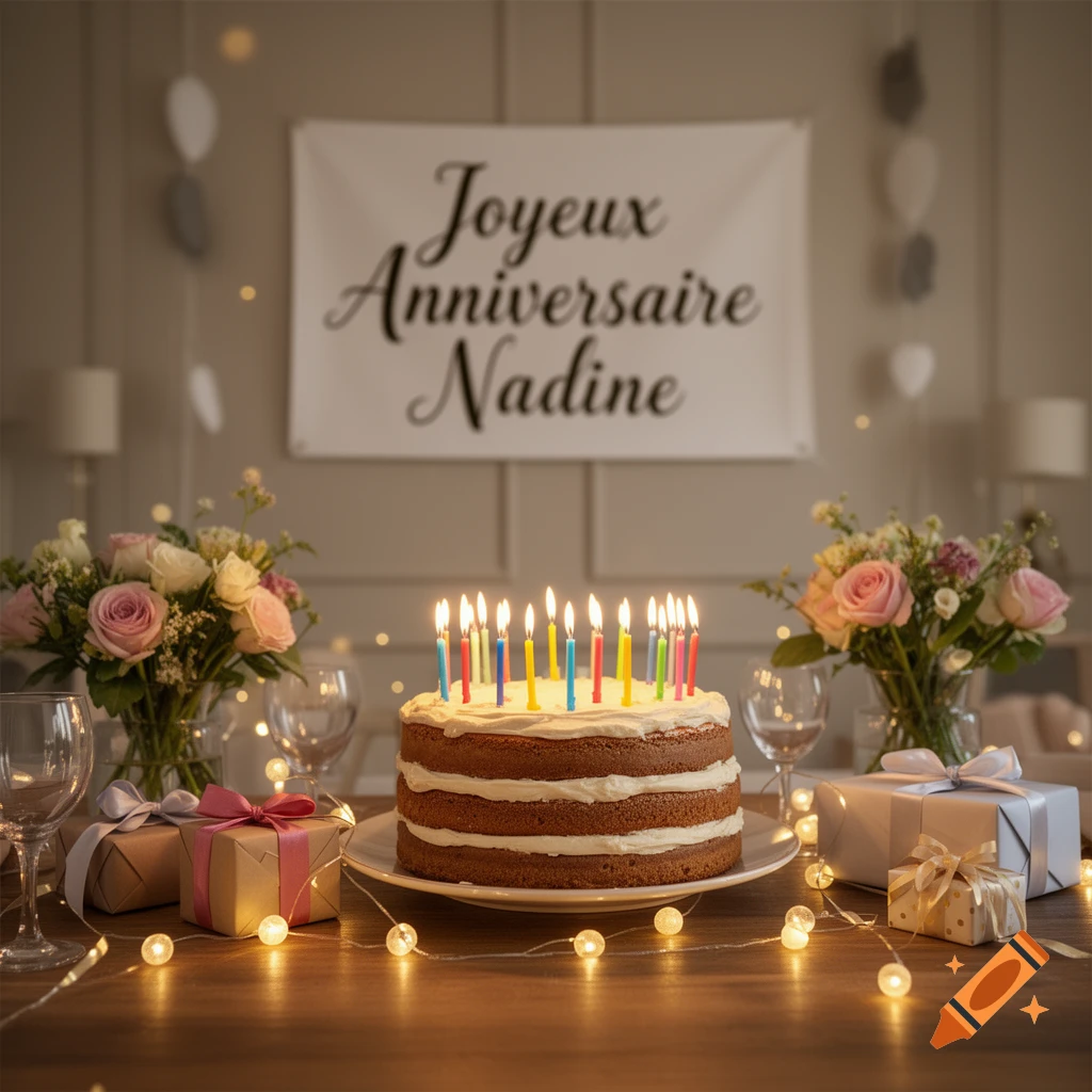 A birthday cake with lit candles on a table, with a banner reading Joyeux Anniversaire Nadine in the background.