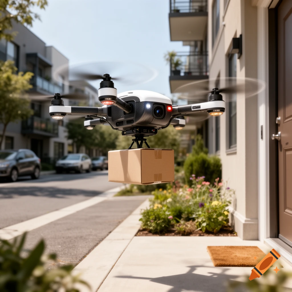Photorealistic image of a delivery drone hovering in front of a residential building, carrying a cardboard box.