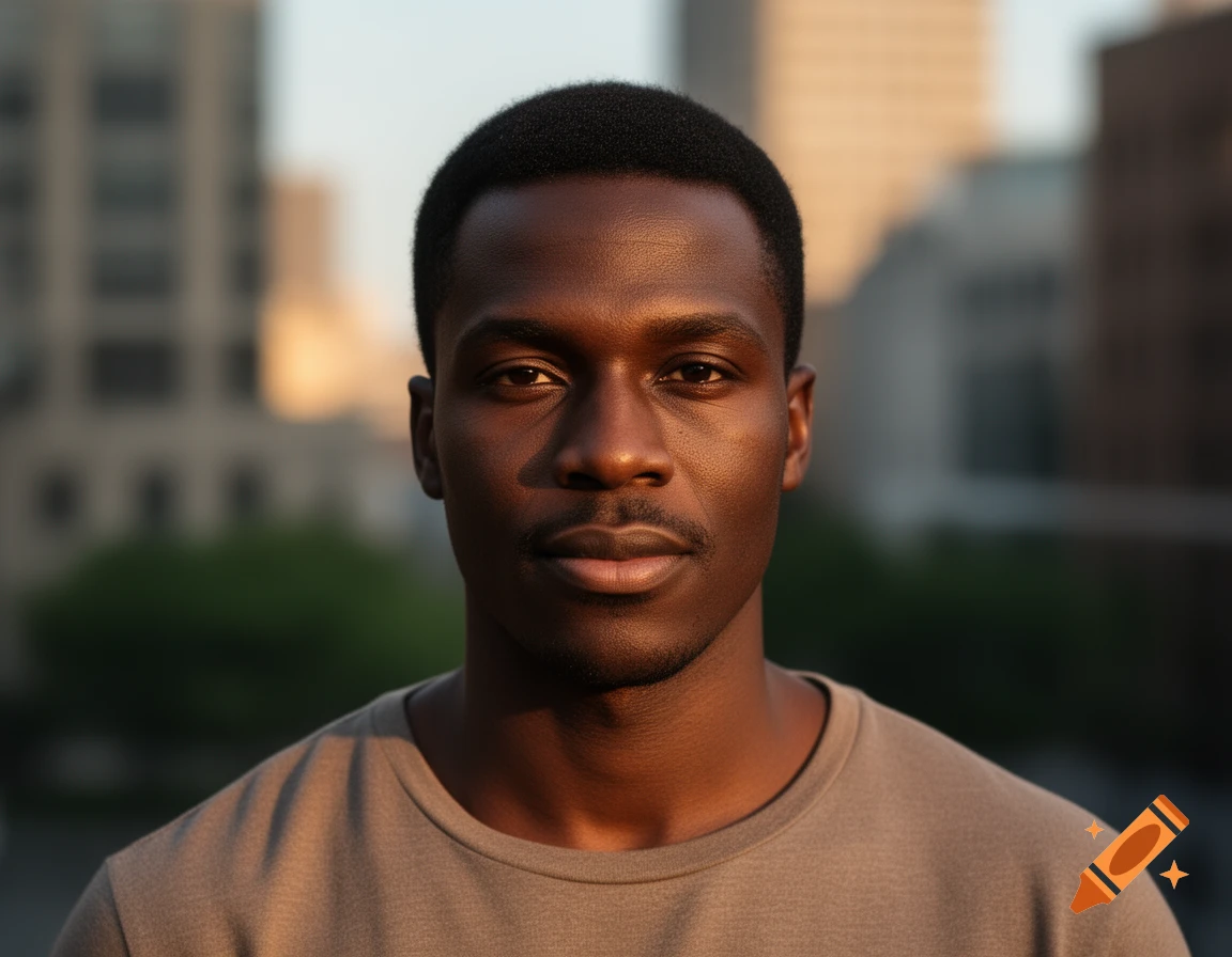 Photorealistic close-up portrait of a Black man with short hair and a mustache outdoors during sunset with blurred city buildings in the background.