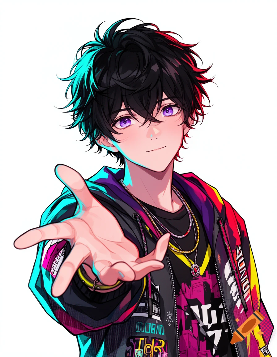 Anime-style boy with black hair and purple eyes, reaching out towards the viewer in colorful street fashion against a white background.