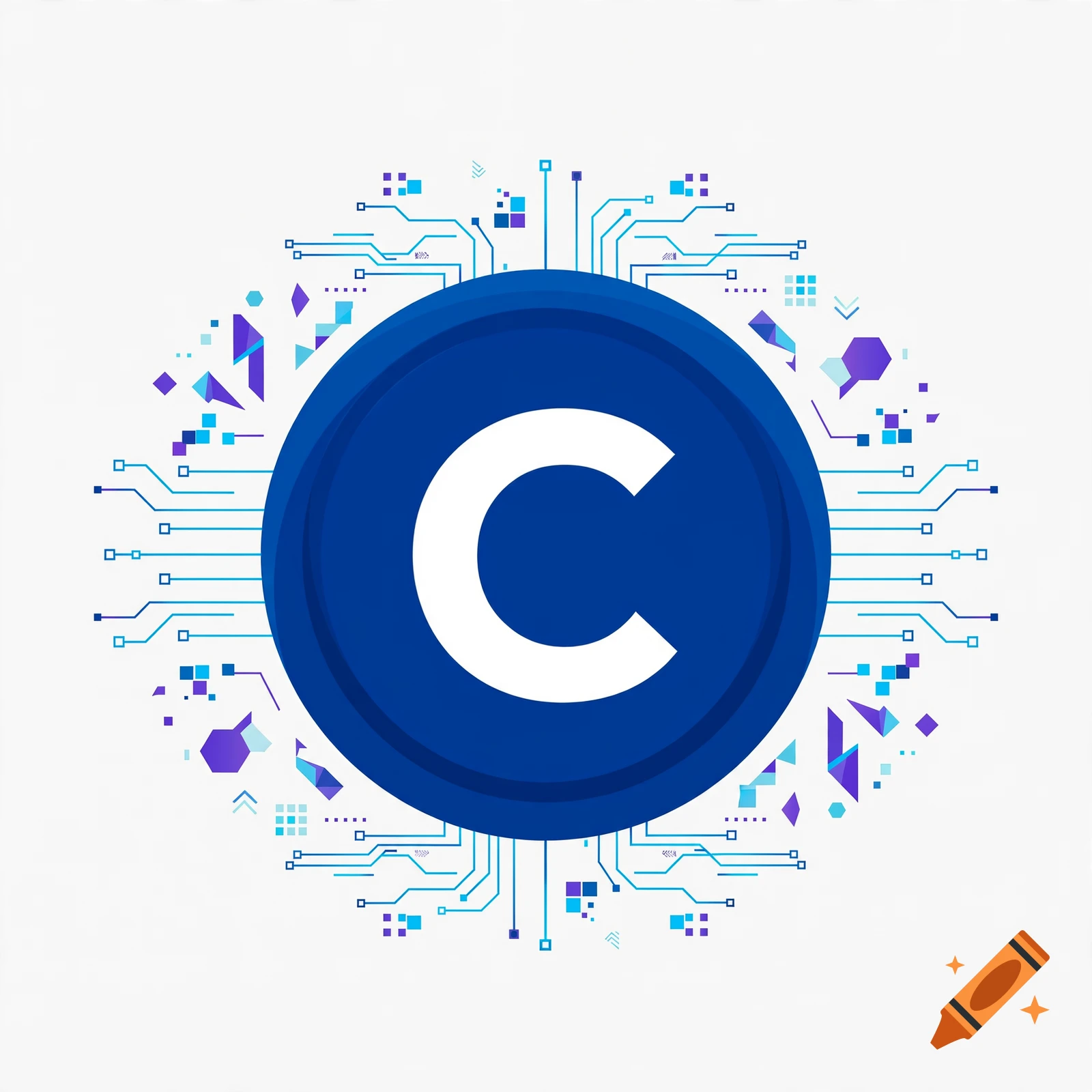 Blue and white C programming language logo surrounded by circuit board graphics on white background.