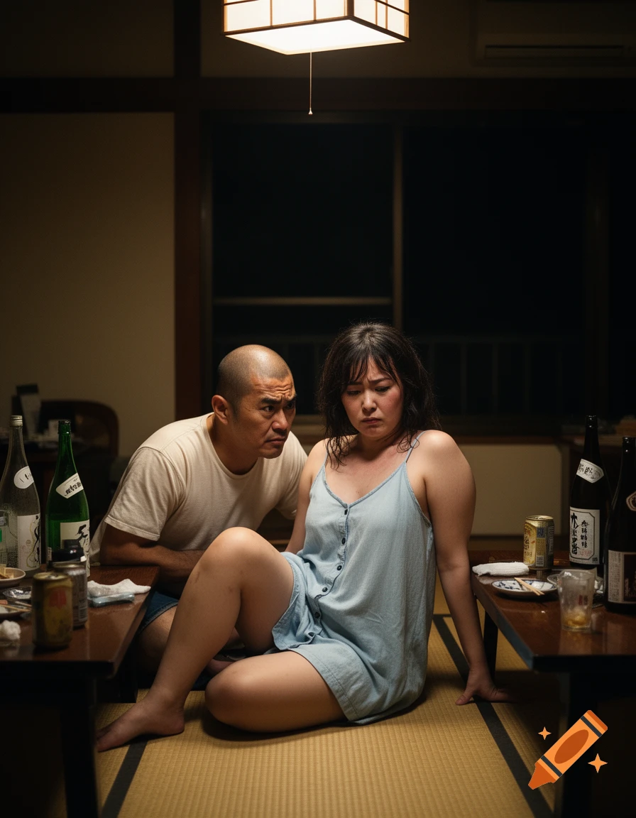 Photorealistic interior shot of a man and woman in a tatami room surrounded by drink bottles.