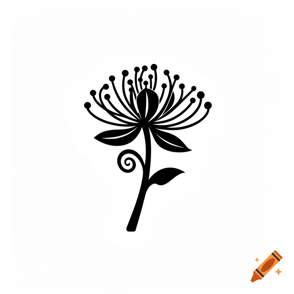A minimalist black and white vector illustration of a pōhutukawa flower with a curled stem and leaves.