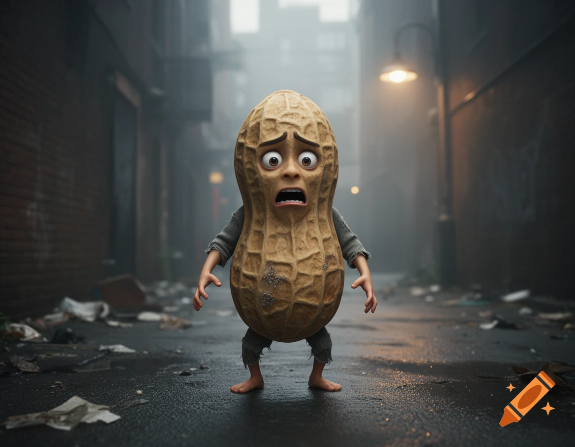 A stylized peanut character with a shocked and worried expression standing in a wet, foggy alleyway, 3D render.