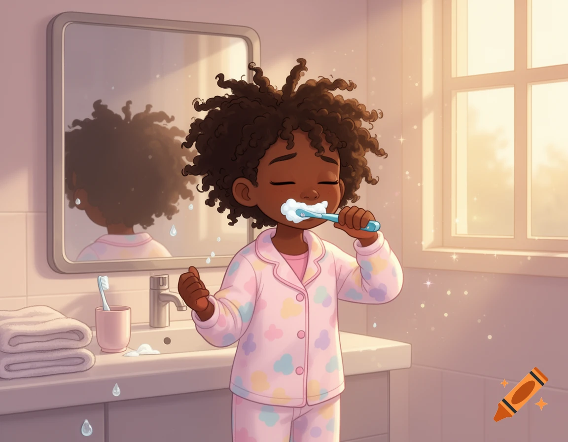 Cartoon illustration of a young Black girl brushing her teeth in a brightly lit bathroom.