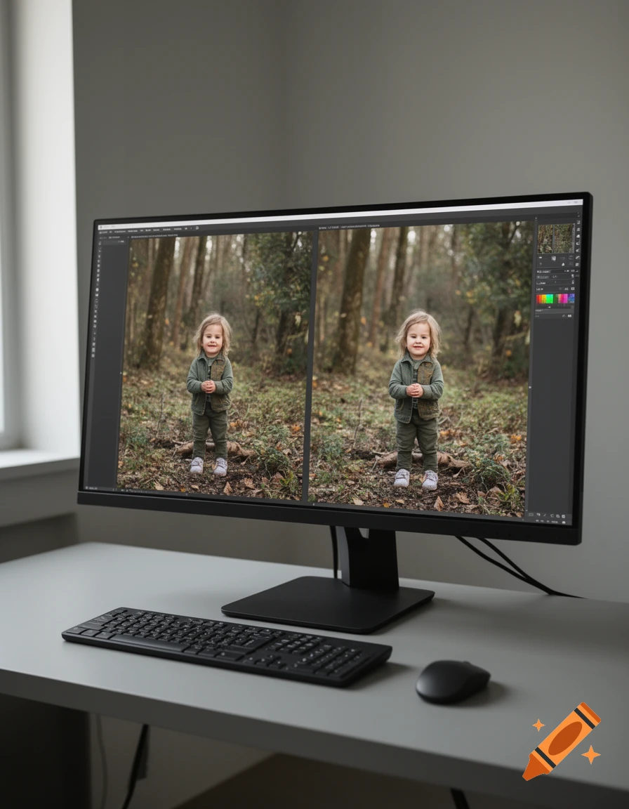 A computer monitor on a grey desk displaying a photo editing software interface showing two pictures of a child in a forest.