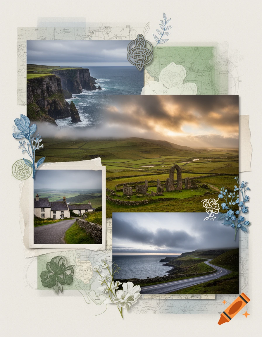 A digital scrapbook collage featuring multiple photos of Irish landscapes, coastal cliffs, green fields, stone ruins, and a cottage.