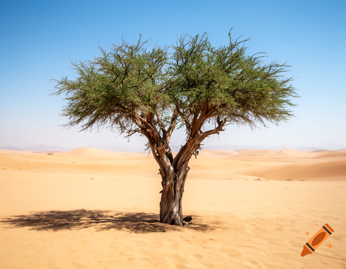Photorealistic image of a single green acacia tree standing in the middle of a vast sand dune desert under a clear blue sky.