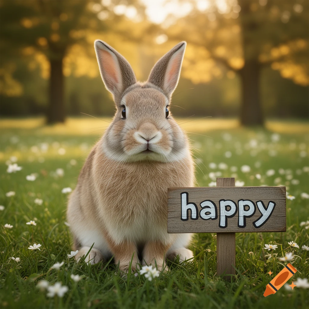 Photorealistic brown rabbit sitting on green grass next to a wooden sign that says happy in a sunlit park.