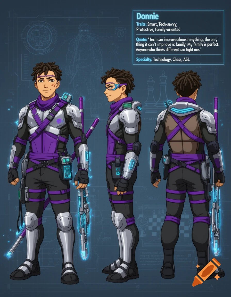 Anime style character reference sheet of a teenage male tech-savvy hero named Donnie with short dreadlocks and purple armor.
