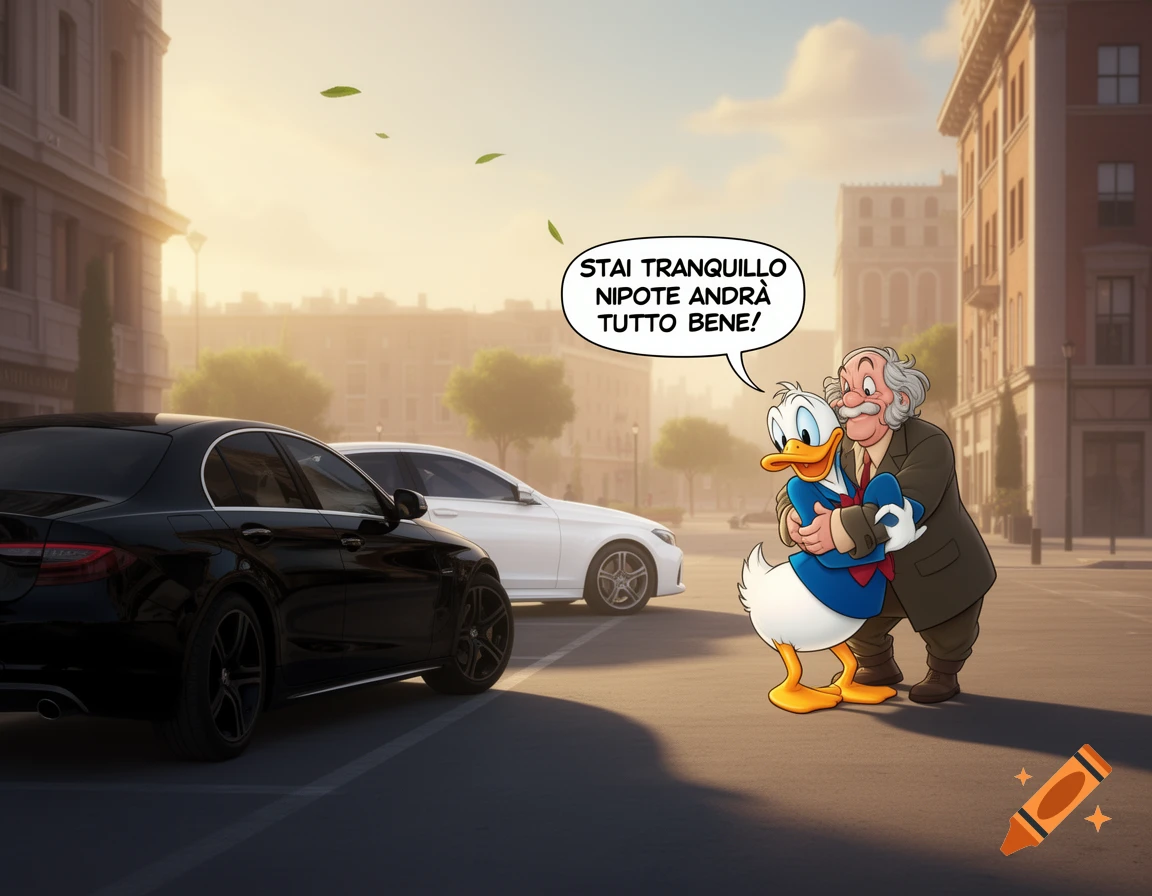 Uncle Scrooge hugging Donald Duck in a street with cars, with a speech bubble in Italian, 3D animated style.