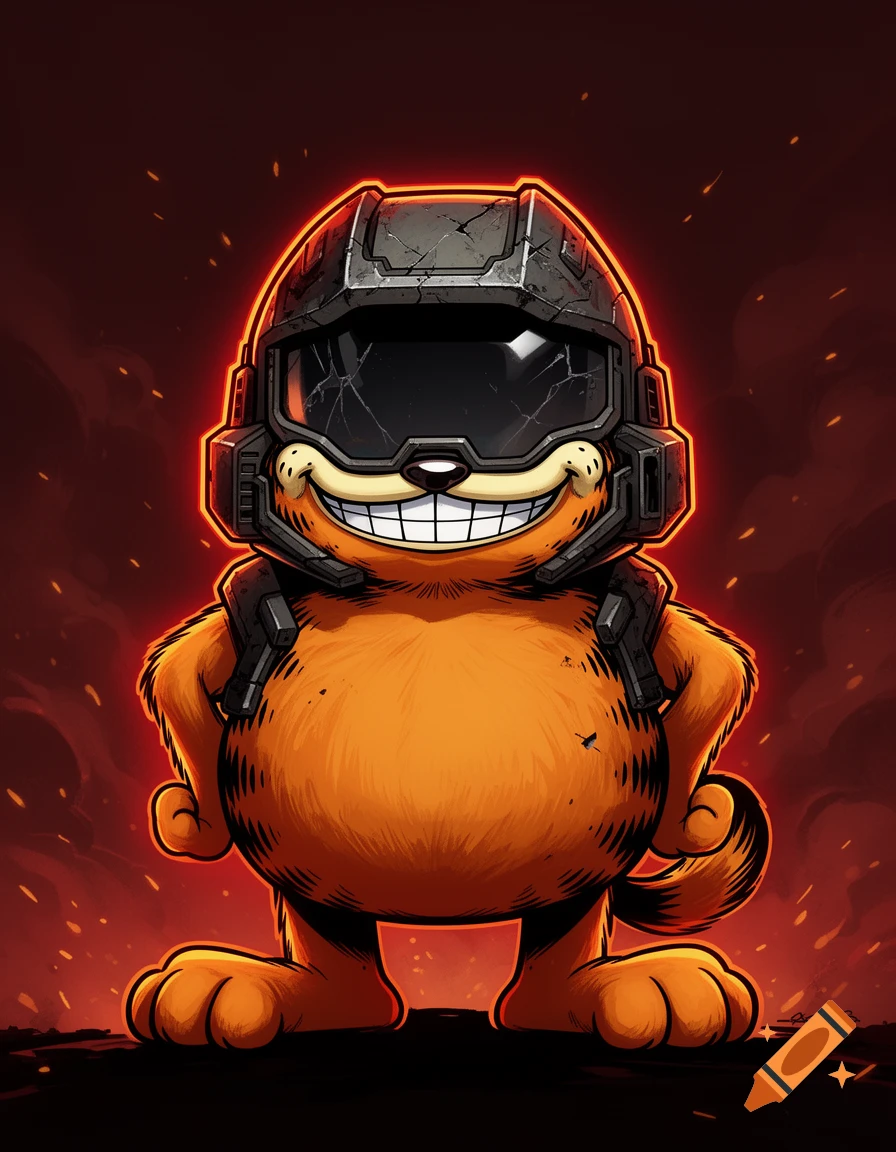 Digital illustration of an orange Garfield wearing a sci-fi space helmet, standing against a dark red fiery background.