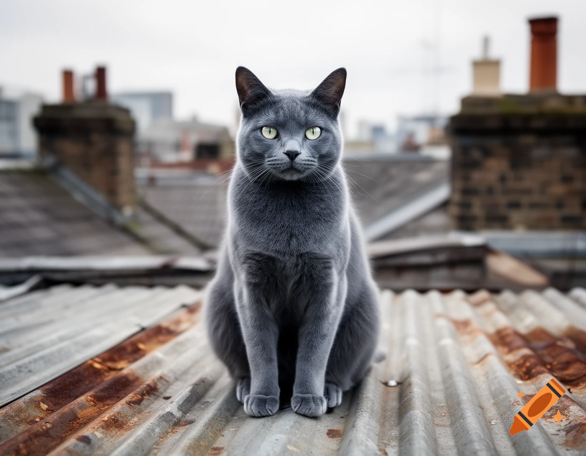 A photorealistic blue Russian cat sitting on a rusty corrugated metal rooftop with chimney stacks in the background.
