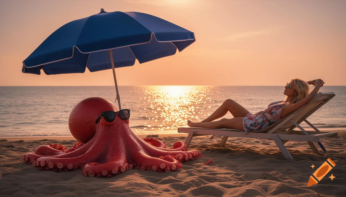 Photorealistic sunset scene at a beach with a large red octopus wearing sunglasses under a blue umbrella and a blonde woman lounging on a sunbed.