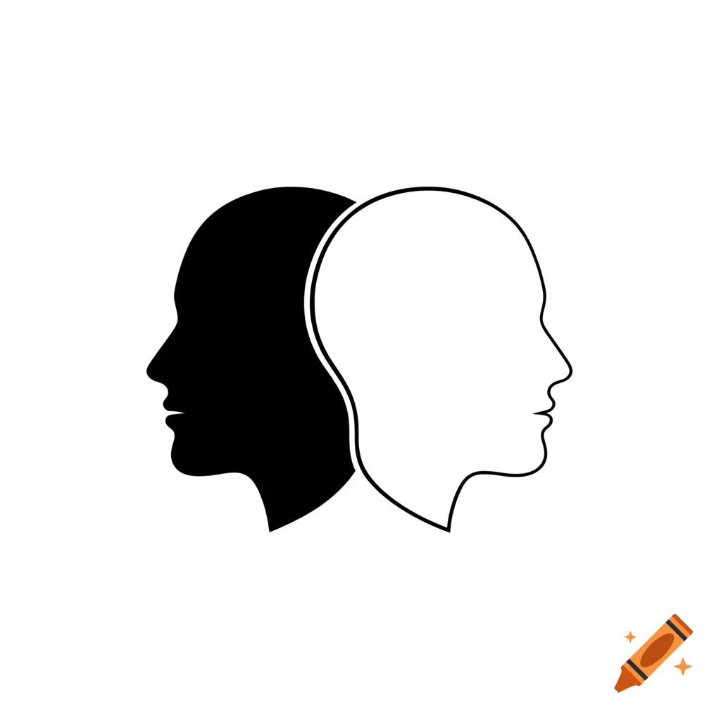 Minimalist black and white vector illustration of two profile heads facing opposite directions, merging together.