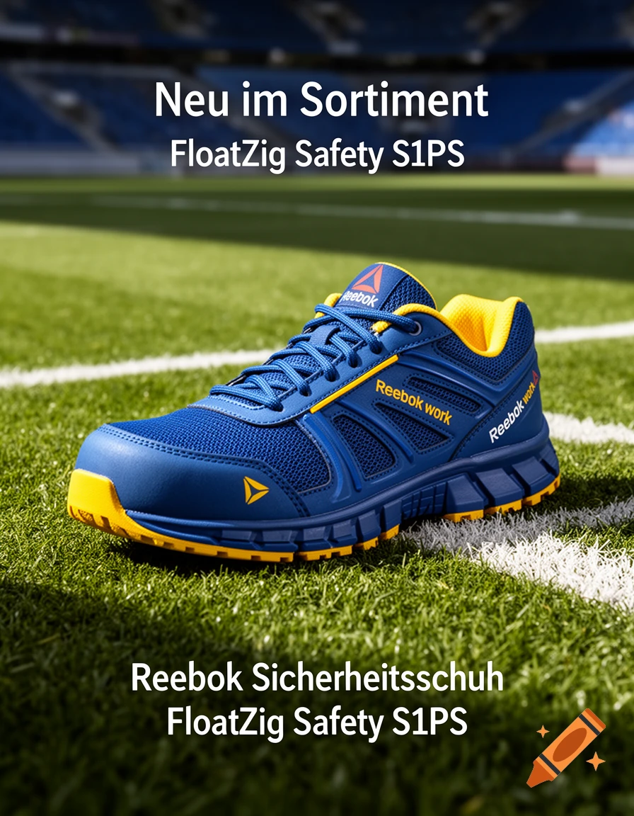 Photorealistic product shot of a blue and yellow Reebok safety shoe on a soccer field grass.