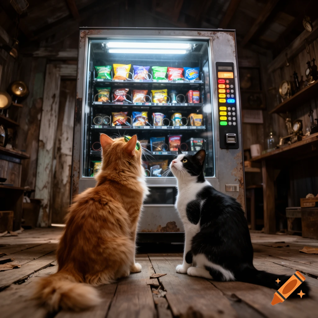 An orange cat and a black and white cat looking up at a vintage vending machine inside a rustic wooden room.