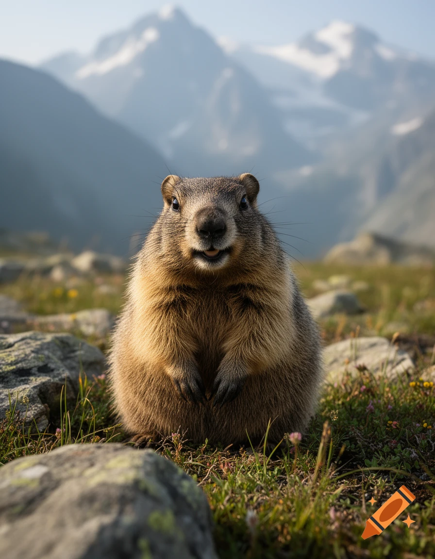 Photorealistic close-up of a smiling marmot in a grassy alpine landscape with mountains in the background.
