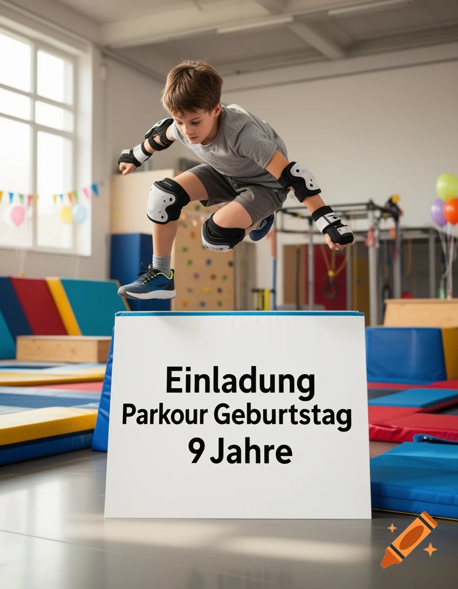 A young boy in protective gear jumps over a white box with German birthday party text in a gym, photorealistic.