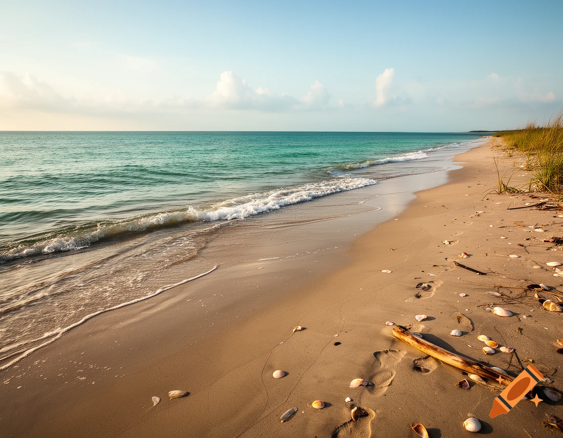 Photorealistic image of a serene sandy beach with gentle waves meeting the shore and scattered seashells.