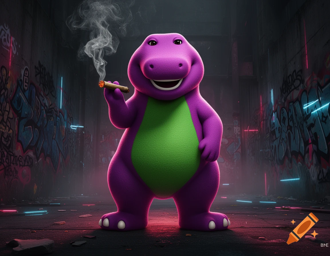 Barney the dinosaur smoking a blunt in a gritty urban alleyway with graffiti and neon lights, photorealistic style.