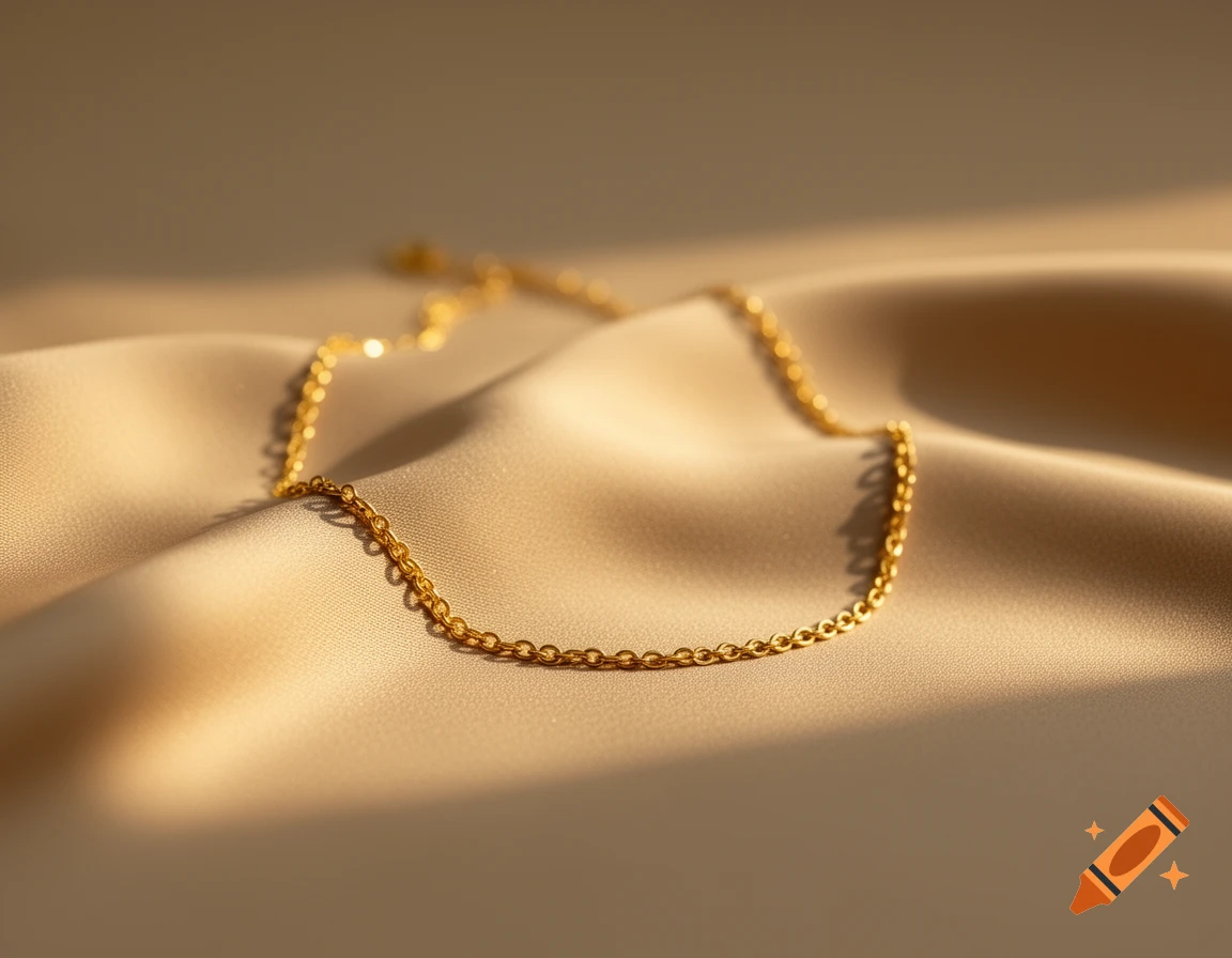 A delicate gold chain necklace draped over a beige silk cloth in soft sunlight, photorealistic.
