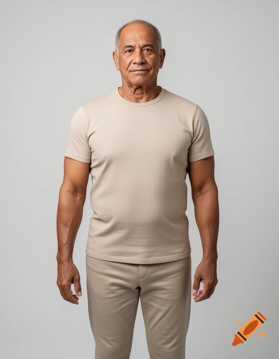 Photorealistic full-body portrait of a 60-year-old man with a short haircut, wearing a beige t-shirt and trousers against a neutral gray background.