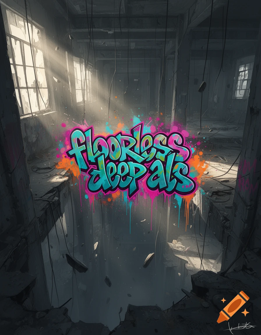 Colorful graffiti tag reading 'floorless deep als' in the center of an abandoned, ruined industrial building with light streaming through broken windows.
